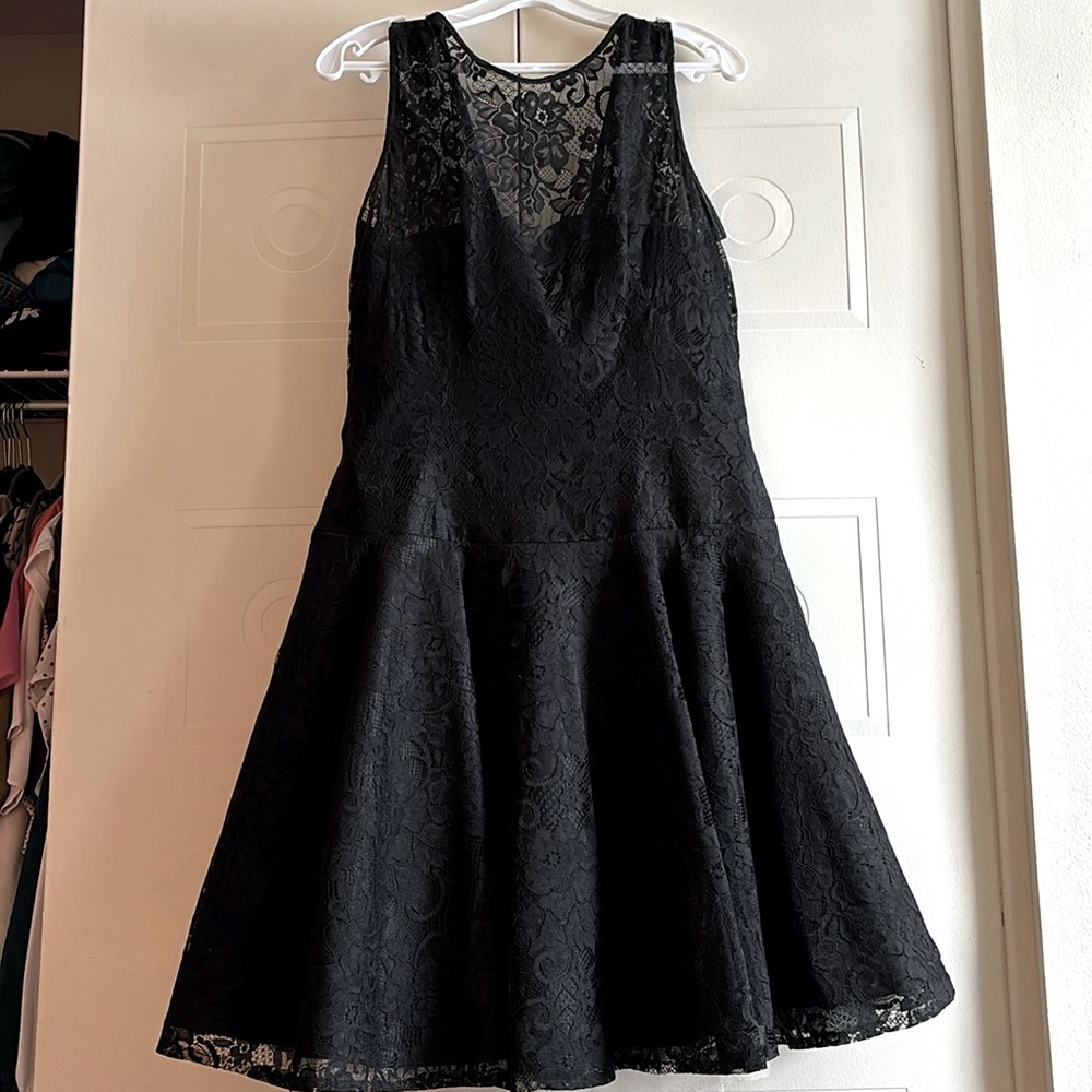 Bridesmaid black, lace overlay dress